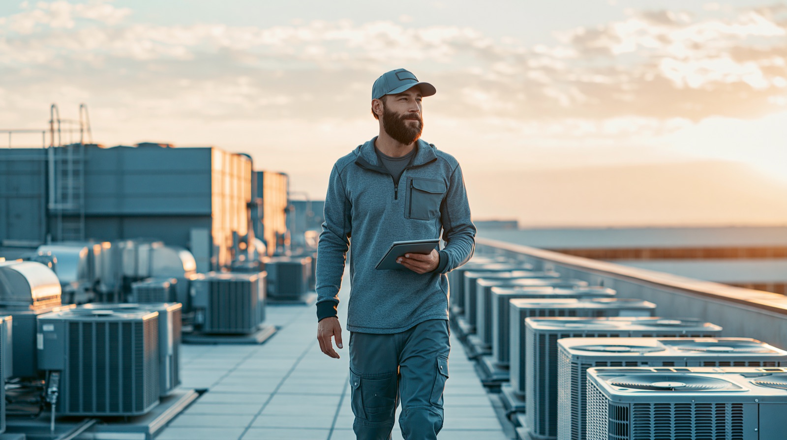 HVAC technician working on a commercial rooftop unit